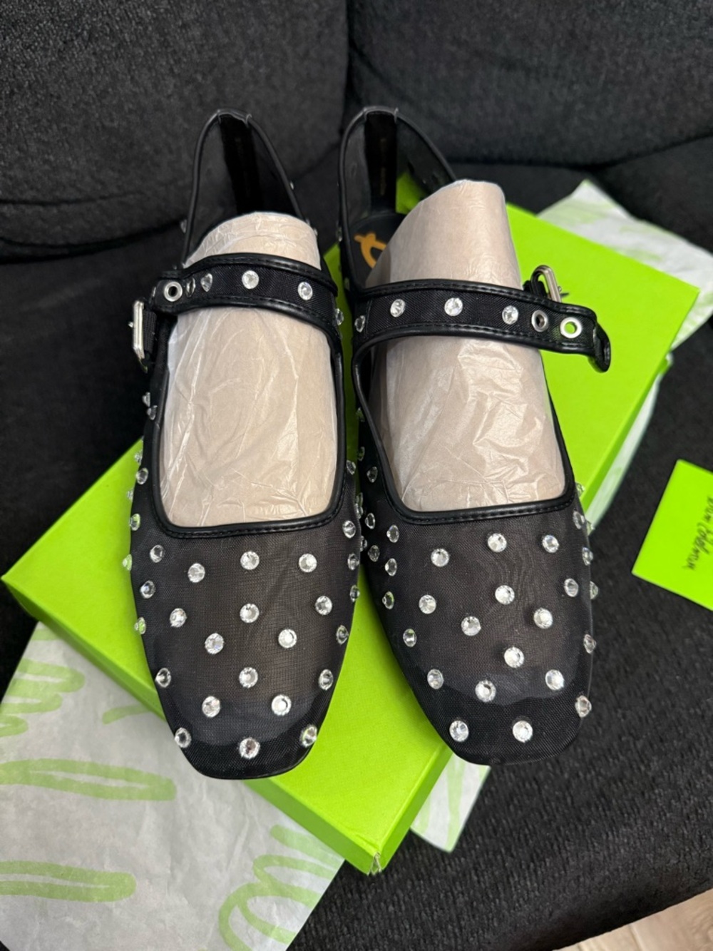 Sam Edelman Black Crystal-Stud Mary Jane Flats